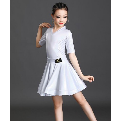 Girls kids white blue pink paillette latin dance dresses short sleeves modern latin ballroom dance skirts for children